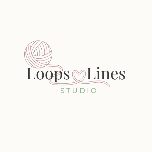 Loops & Lines name with a pink ball of yarn and a heart